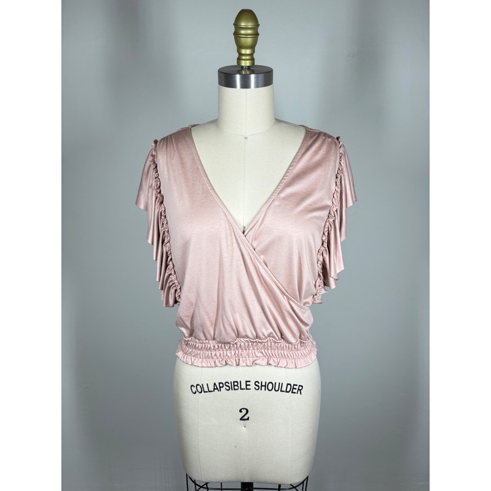 Anthropologie Blouse Small Pink Ruffle Sleeve Surplice Smocked Hem Romantic Boho